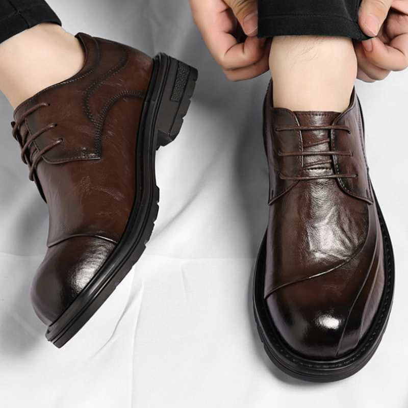 Men Formal Wear Office - Brązowe, postarzane, skórzane, sznurowane buty na