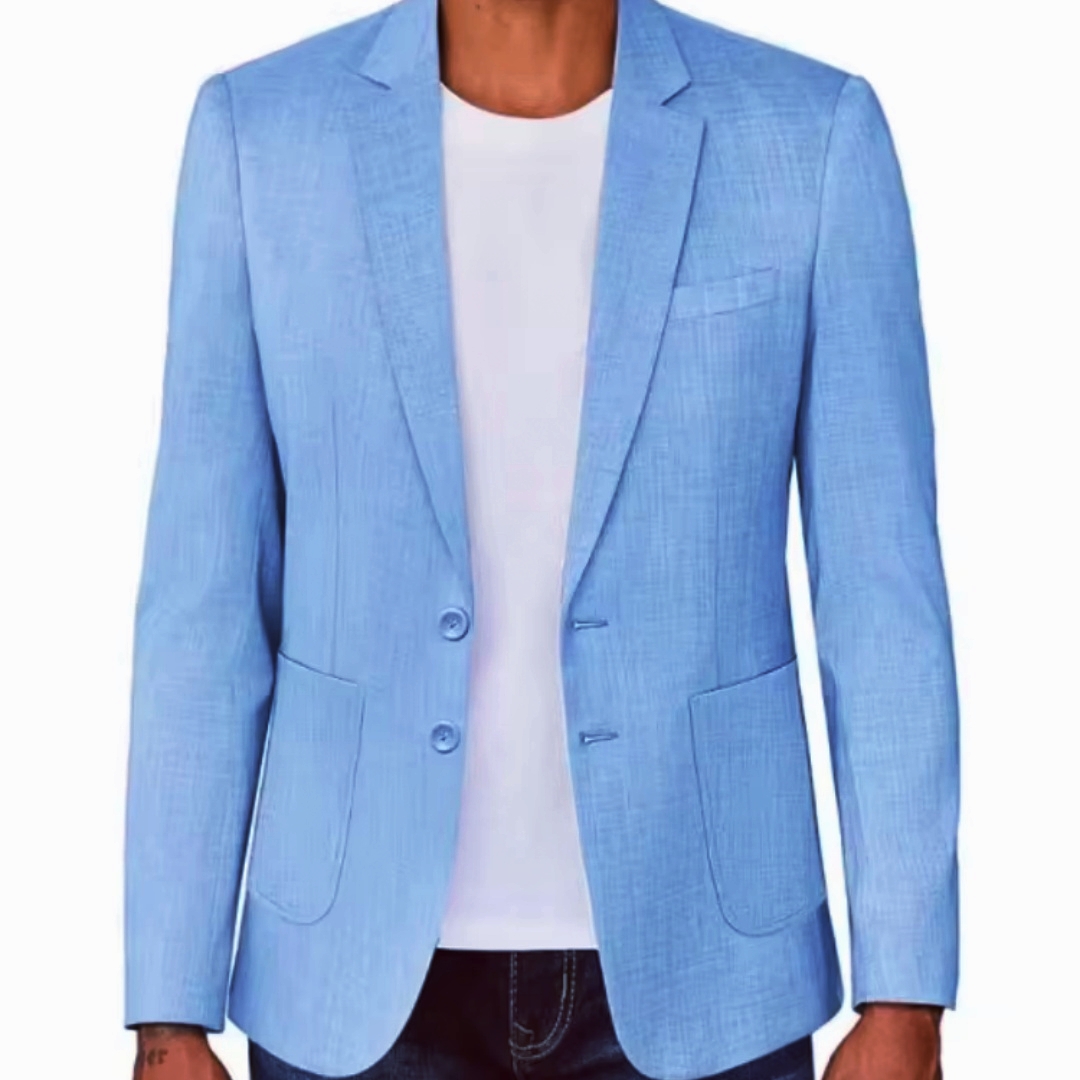 Men Formal Wear Design - Beżowo-niebieska lniana marynarka męska slim fit,