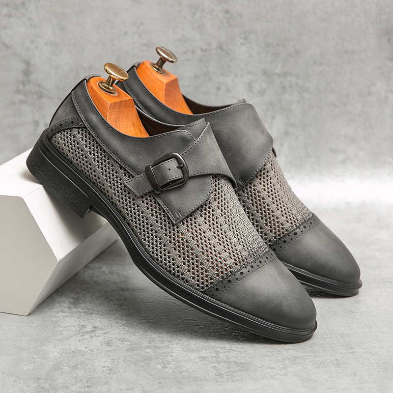 Men'S Formal Attire - Summer New Punched Grey Leather Shoes