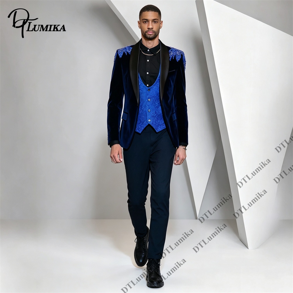 Men Formal Wear Office - Męski garnitur welurowy 3-częściowy, czarny, z